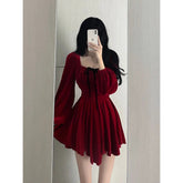 Aiertu - Chic A line Square Neckline Long Sleeves Red Velvet Party Dress Birthday Dresses Birthday Outfits HOT1228 Aiertu