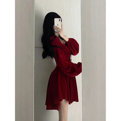 Aiertu - Chic A line Square Neckline Long Sleeves Red Velvet Party Dress Birthday Dresses Birthday Outfits HOT1228 Aiertu