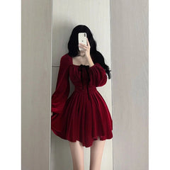 Aiertu - Chic A line Square Neckline Long Sleeves Red Velvet Party Dress Birthday Dresses Birthday Outfits HOT1228 Aiertu