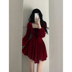Aiertu - Chic A line Square Neckline Long Sleeves Red Velvet Party Dress Birthday Dresses Birthday Outfits HOT1228 Aiertu