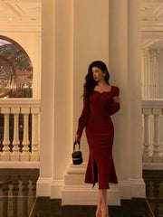 Aiertu - Sexy Sheath Square Neckline Red Date Night Dress Prom Dresses Birthday Outfit HOT762 Aiertu