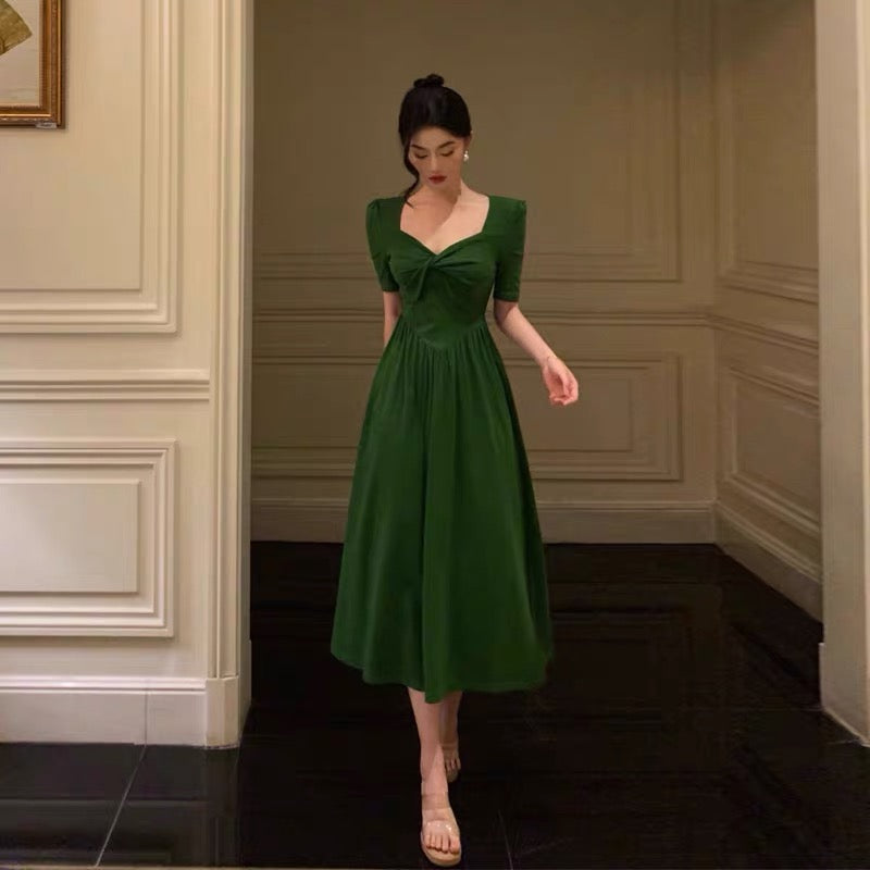 Aiertu Stunning A Line Square Neckline Half Sleeves Dark Green Pleated Prom Dresses Birthday Outfit HOT775 Aiertu