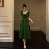 Aiertu Stunning A Line Square Neckline Half Sleeves Dark Green Pleated Prom Dresses Birthday Outfit HOT775 Aiertu