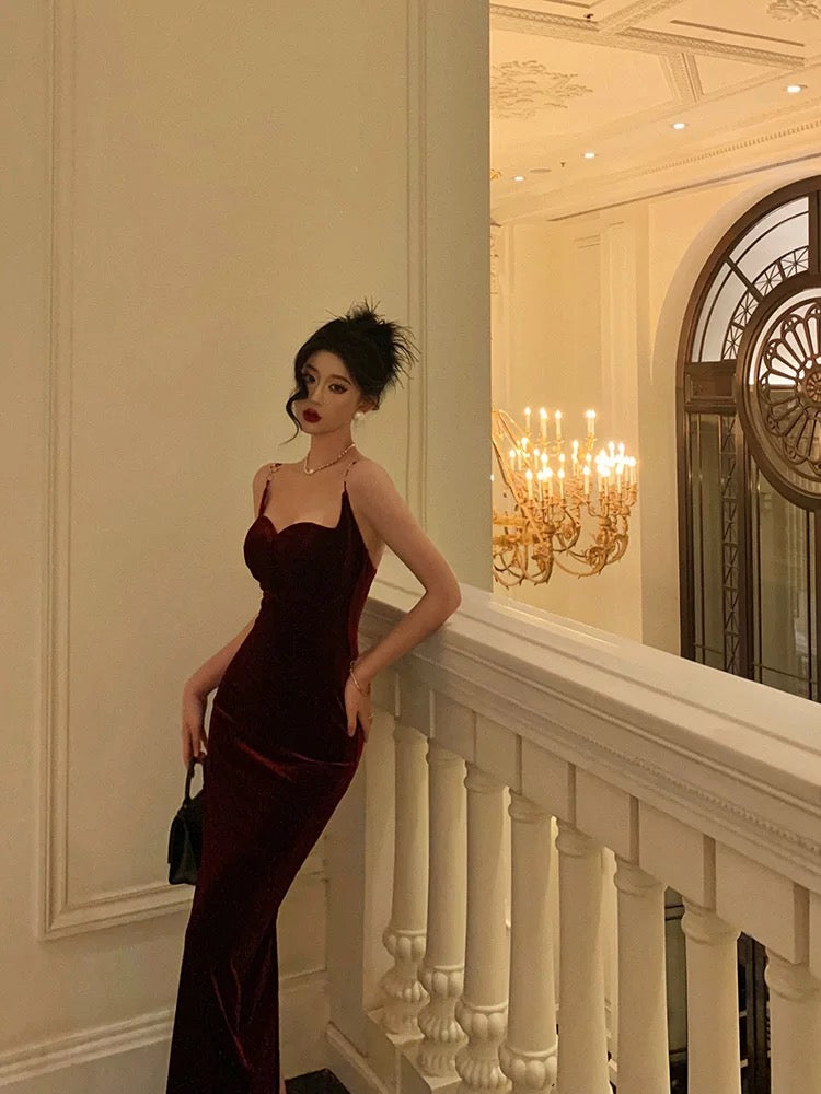 Aiertu - Gorgeous Sheath Spaghetti Straps Velvet Date Night Dress Red Prom Dresses Birthday Outfits HOT780 Aiertu