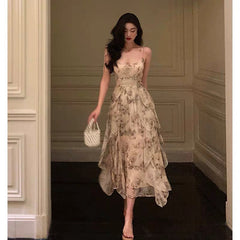 Aiertu - Pretty A Line Spaghetti Straps Chiffon Floral Sleeveless Date Night Dress Prom Dresses Birthday Party Outfit HOT886 Aiertu