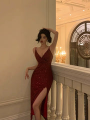 Aiertu - Classy Sheath Spaghetti Straps Red Sequin Prom Dresses Birthday Outfits Evening Gown HOT889 Aiertu