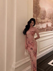 Aiertu - Pretty Sheath Strapless Pink Floral Date Night Dress Prom Dresses Birthday Party Outfit HOT906 Aiertu