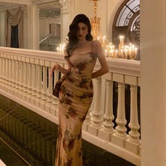 Aiertu - Sexy Sheath Spaghetti Straps Champagne Floral Prom Dresses Birthday Outfits Evening Gown HOT922 Aiertu