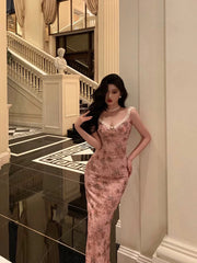 Aiertu - Sexy Sheath Straps Pink Floral Prom Dresses Long Birthday Outfits Evening Gown HOT928 Aiertu