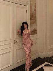 Aiertu - Sexy Sheath Straps Pink Floral Prom Dresses Long Birthday Outfits Evening Gown HOT928 Aiertu