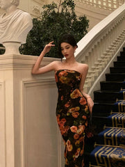 Aiertu - Sexy Sheath Strapless Black Floral Prom Dresses Birthday Outfits Evening Gown HOT936 Aiertu