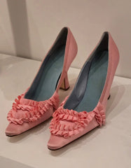 AIERTU - Blush Pink Satin Pointed-Toe High Heels Ruffled Frill Trim Contrast Sky Blue Lining Elegant Sweet Women's Low-Cut Shoes Aiertu