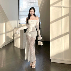 Aiertu Women's Elegant Dresses 2024 Spring New Pure Color Temperament Slim Fairy Style Lace Splicing Design Dresses Aiertu