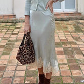 AIERTU - New Lace Patchwork Silk Surface Half Skirt Draped Glossy A-line Mid-length Skirt Women Spring Autumn Elegant Demeanor Lace Skirt Aiertu