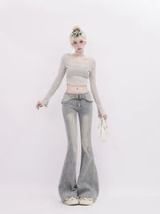 Aiertu Women's Light Blue Flare Jeans Baggy Harajuku Vintage Denim Trousers Y2k Jean Pants Japanese 2000s Style Trashy Oversize Clothes Aiertu