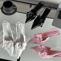 Sexy Flower Pointed Toe Thin Low Heels Women Pumps Elegant Wedding Slingback Shoes Mules Zapatos De Mujer Aiertu