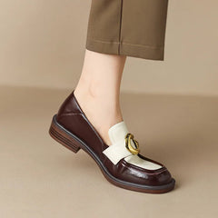 Aiertu Penny Loafers Women Genuine Leather Color Block Slip On Square Toe Metal Decoration Flats Ladies Shoes Aiertu
