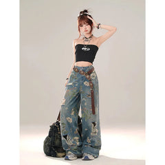 Aiertu Women Y2k Low Rise Graphic Print Ripped Jeans Baggy Harajuku 90s Aesthetic Denim Trousers Vintage 2000s Style Jean Pants Aiertu