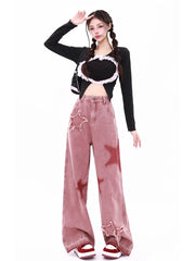 Aiertu Women's Vintage Red Wide Leg Star Jeans 90s Fashion Aesthetic Denim Trousers Harajuku 2000s High Waist Baggy Jeans Pants Clothes Aiertu