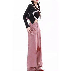 Aiertu Women's Pink Jeans Letters Printed High-waisted American Street Wide Leg Pants Hip-hop Fashion Retro Straight Y2K Winter Pants Aiertu