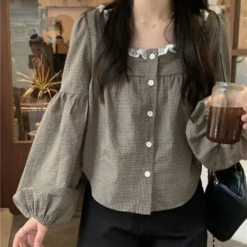 Chic Spring Design Retro Checkered Square Collar Long Sleeve Shirt Lazy Style Sweet Aging Chic Top Women's Shirts Aiertu
