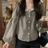 Chic Spring Design Retro Checkered Square Collar Long Sleeve Shirt Lazy Style Sweet Aging Chic Top Women's Shirts Aiertu
