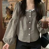 Aiertu Chic Spring Design Retro Checkered Square Collar Long Sleeve Shirt Lazy Style Sweet Aging Chic Top Women's Shirts Aiertu
