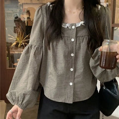 Chic Spring Design Retro Checkered Square Collar Long Sleeve Shirt Lazy Style Sweet Aging Chic Top Women's Shirts Aiertu