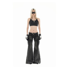Aiertu Vintage Black Women Jeans American High Waist Fashion Mop Pants Streetwear Y2K Wide Leg Jean Female Trouser 2024 Denim Pants Aiertu