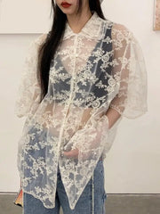 Aiertu Puff Sleeve Lace Loose T Shirt Women Summer See Through Short Sleeve Double Collar Design Oversize Embroidery Tops Tees Aiertu