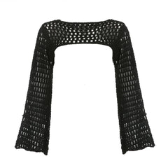 Aiertu Women Y2k Crochet Knit Hollow Out Crop Top Long Flared Sleeve Shrug Sweater Mesh Cover Ups Cardigan Streetwear Pullover Women Aiertu
