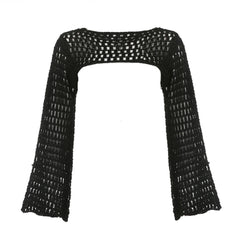 Aiertu Women Y2k Crochet Knit Hollow Out Crop Top Long Flared Sleeve Shrug Sweater Mesh Cover Ups Cardigan Streetwear Pullover Women Aiertu