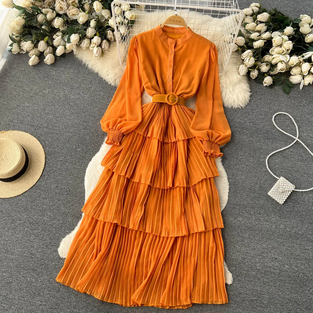 Aiertu Spring French Style Chiffon Long Dress 2023 Long Sleeve Single Breasted Fashion Belt Women A-Line Elegant Party Dress Aiertu