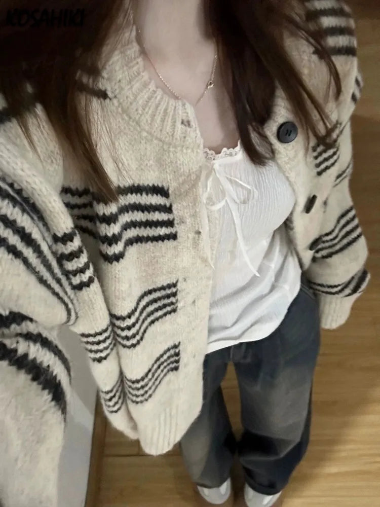 Patchwork Contrast Color Striped Knitted Cardigans Women Y2k Aesthetic Single Breasted Coats New Streetwear Casual Loose Sweater Aiertu