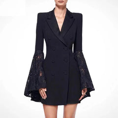 Aiertu Korea Fashion Designer Lace Patchwork Blazer Dress Women Autumn New Lapel Flare Sleeve Double Breasted Slim Waist Suit Clothes Aiertu