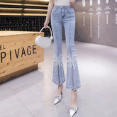 Aiertu Spring New Bow Slim Fit Flare Split Jeans Women Casual Wash Fashion High Waist Snowflake Beading Light Blue Denim Cropped Pants Aiertu