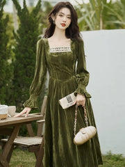 Aiertu Elegant Vintage Velvet Midi Dress Women Lace Patchwork Slim Korean Fairy Dress Female 2024 Spring Fashion Casual Party Dress Y2k Aiertu