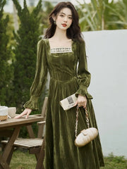 Aiertu Elegant Vintage Velvet Midi Dress Women Lace Patchwork Slim Korean Fairy Dress Female 2024 Spring Fashion Casual Party Dress Y2k Aiertu