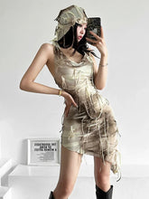 Aiertu Kalevest Gothic Vintage Tie Dye Print Slim Hooded Dresses Women Sexy Tassel Sleeveless Bodycon Club Party Mini Dress Streetwear Aiertu