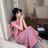 AIERTU - Spring New French Solid Hollow Out Knit Dress Women Mid Long Loose Sleeveless Vest Outerwear Layered Casual Midi Dress Aiertu