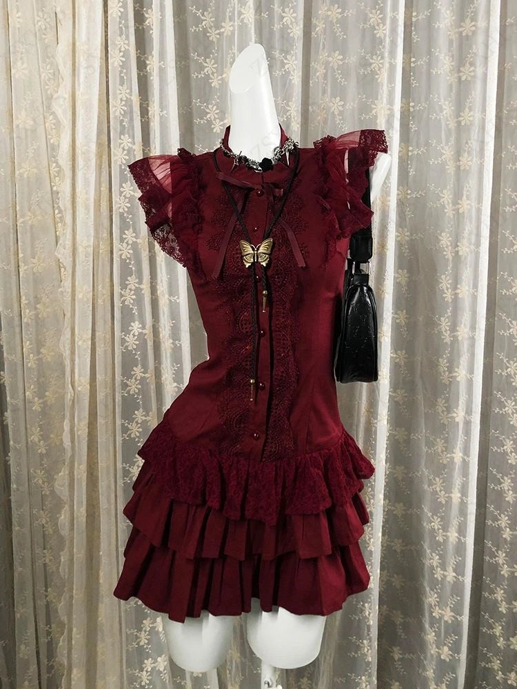 AIERTU - Gothic Sexy Lace Dresses Y2k Women Clothing Aesthetic Elegant Tiered Mini Dress Femme Evening Dresses Batwing Sleeve Slim Dress Aiertu