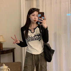 Aiertu Vintage Print T-shirts Women Harajuku Y2k Graphic Crop Tops Slim Up Fashion Patchwork Streetwear Autumn Long Sleeve Aiertu