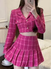 Aiertu Fall Small Fragrance Vintage Tweed Two Piece Set Women Crop Top Woolen Short Jacket Coat + Mini Skirts Sets Sweet 2 Piece Suits Aiertu