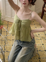 Aiertu Women Linen Sweet Babydoll Ruffle Crop Sleeveless Top Thin Strap Front Bow Ties Flowy Camis Female Korean Tank Top Aiertu