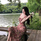 AIERTU - Summer New Pure Desire Gentle Floral Dress Slimming Bright Color Slant Cut Skirt High Waist Chiffon Material Zipper Closure Aiertu