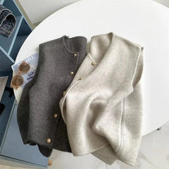 Spring Autumn Women's Solid Button V-Neck Sleeveless Sweater Knitted Cardigan Vest Coats Casual Fashion Office Lady Elegant Tops Aiertu