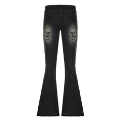 Aiertu Streetwear y2k Flare Jeans Distressed 2000s Floral Print Low Rise Slim Denim Pants Korean Women Trousers Retro Mom Jeans Aiertu