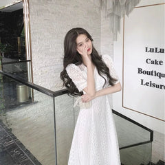 Aiertu Elegant V-neck Midi Dress Women Summer Puff Sleeve White Casual Party Dress Female Office Kawaii Lace One-piece Dress Korean Y2k Aiertu