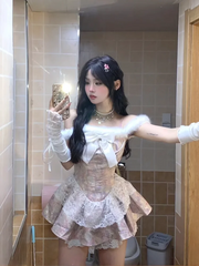 Aiertu Summer Sweet Lolita Girls One Line Neck Slip Dress Summer New Chic Waist Wrap Slimming Cake Princess Short Dresses for Women Aiertu