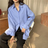 Aiertu Shirts Women Blue Striped Loose Harajuku Long Sleeve Casual Spring Tops Students All-match Fashion Simple Korean Ulzzang Chic BF aiertu
